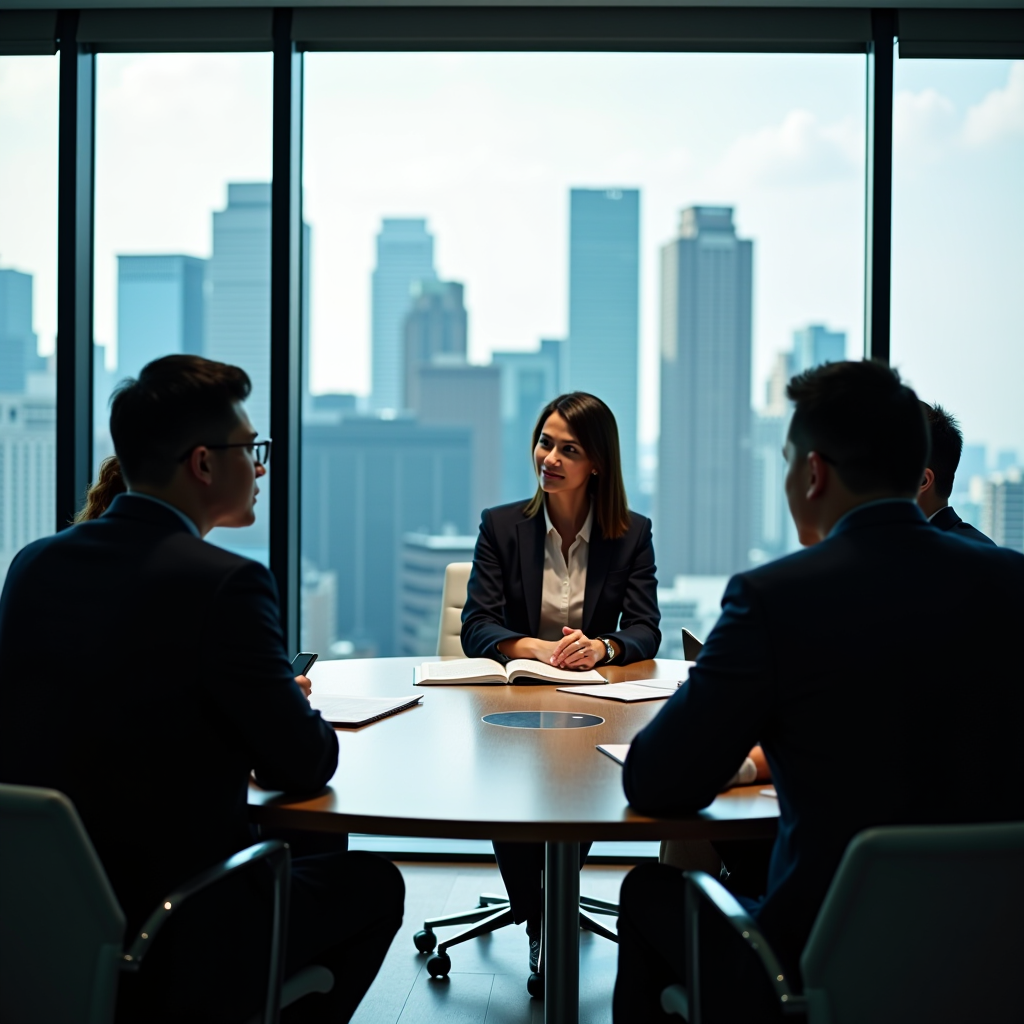 Professional financial advisors in business attire conducting a strategic planning meeting in a modern Singapore office with floor-to-ceiling windows showing the city skyline, discussing client portfolio management and risk assessment strategies