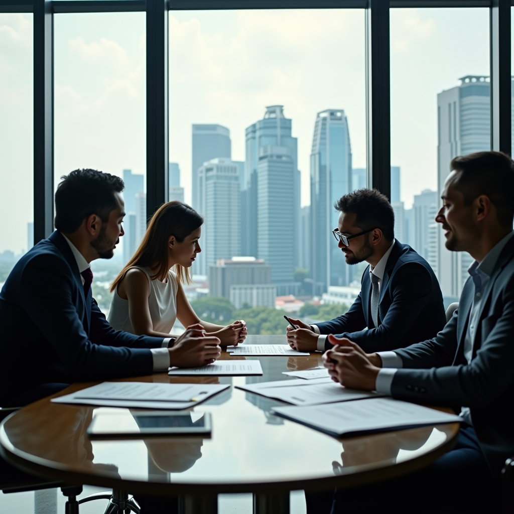 Professional financial advisory team meeting in modern Singapore office with city skyline view through floor-to-ceiling windows, diverse professionals reviewing documents and digital presentations