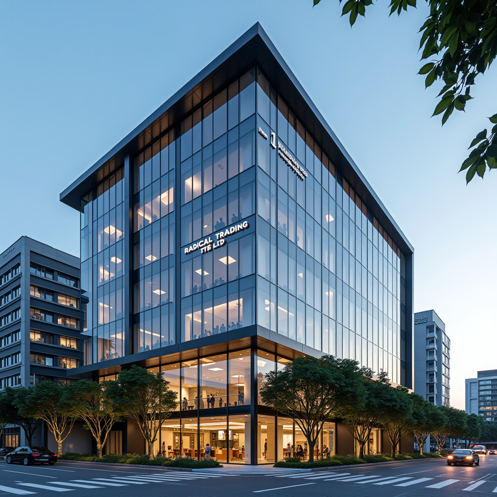 Modern corporate office building exterior at 1 Soon Lee Street, Singapore, featuring contemporary glass facade, professional landscaping, and RADICAL TRADING PTE. LTD. corporate signage, photographed during golden hour with clear blue sky