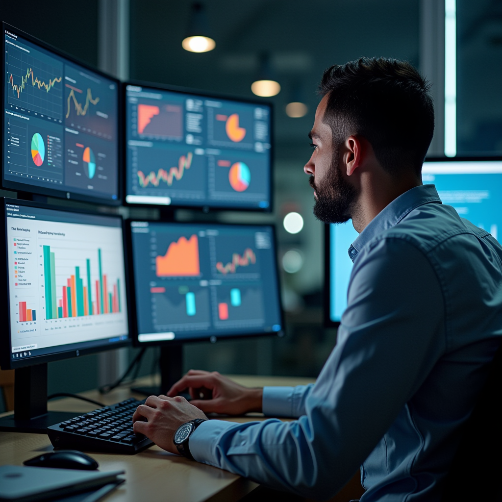 Professional business analyst reviewing comprehensive risk assessment charts and data visualizations on multiple monitors in modern corporate office environment