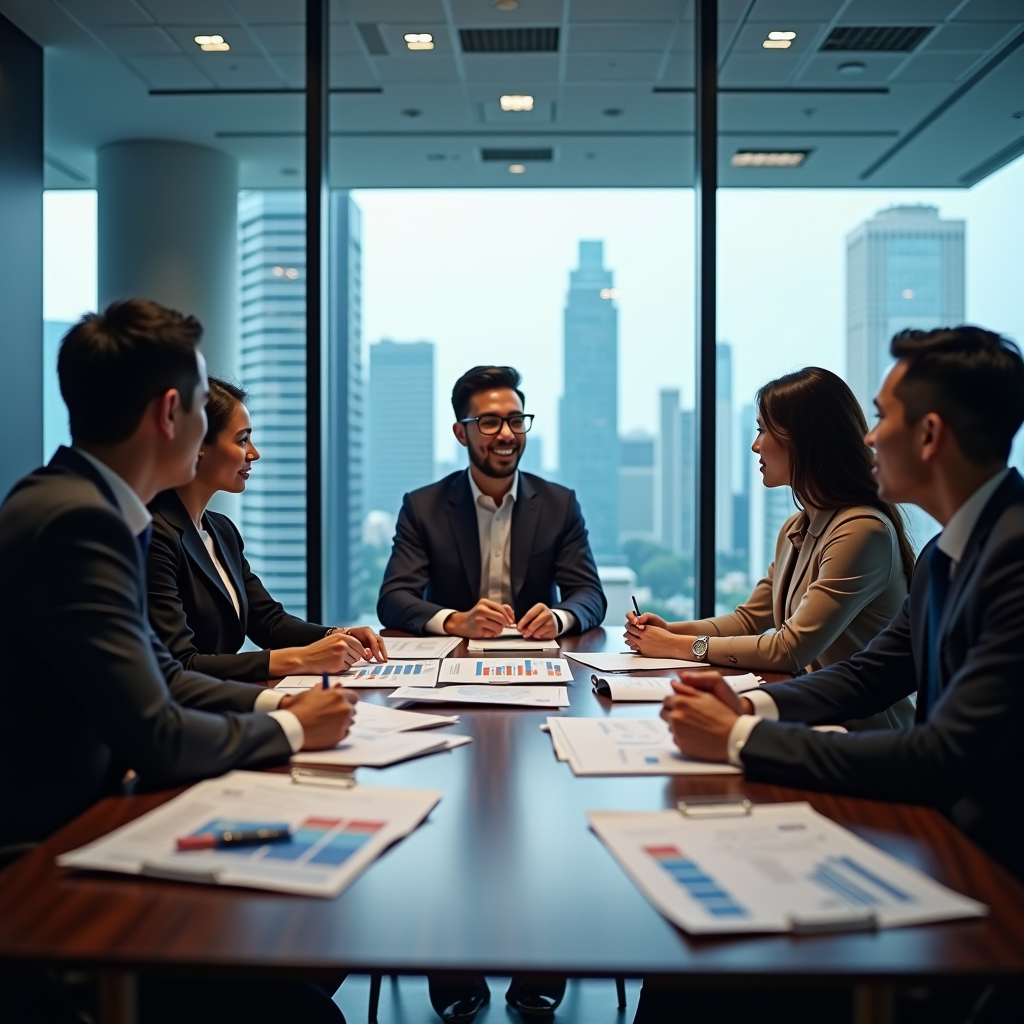 Professional team of HR consultants and benefits advisors meeting with corporate executives in modern Singapore office boardroom discussing employee compensation packages and benefits strategy with charts and documents on conference table