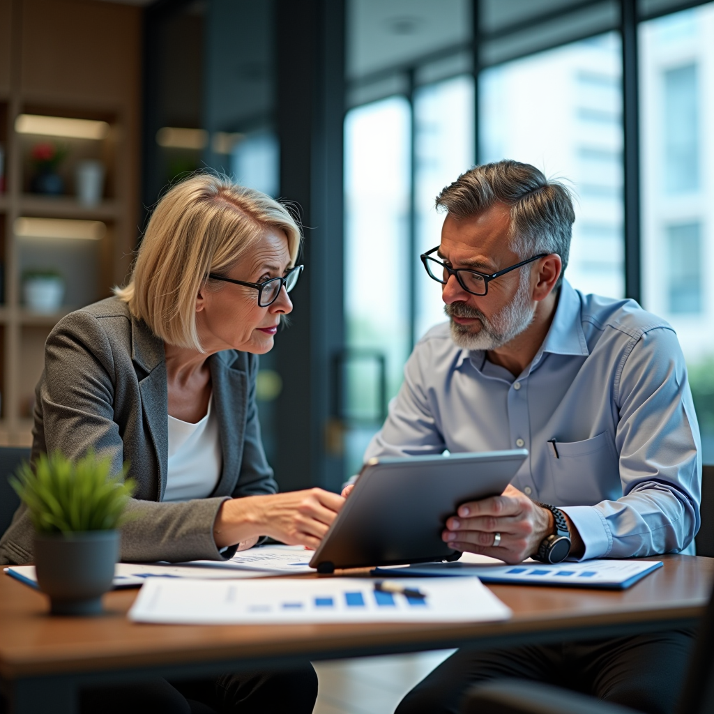 Professional certified financial advisor conducting retirement planning consultation with mature couple in contemporary Singapore office, reviewing financial documents and retirement strategy charts on digital tablet