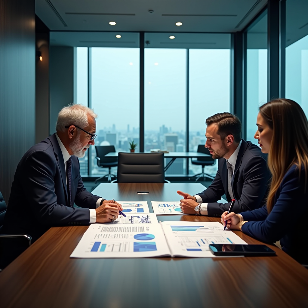 Professional business succession planning meeting showing senior business owner and advisors reviewing comprehensive transition documents and organizational charts in modern Singapore corporate office, with strategic planning materials and financial projections displayed on conference table