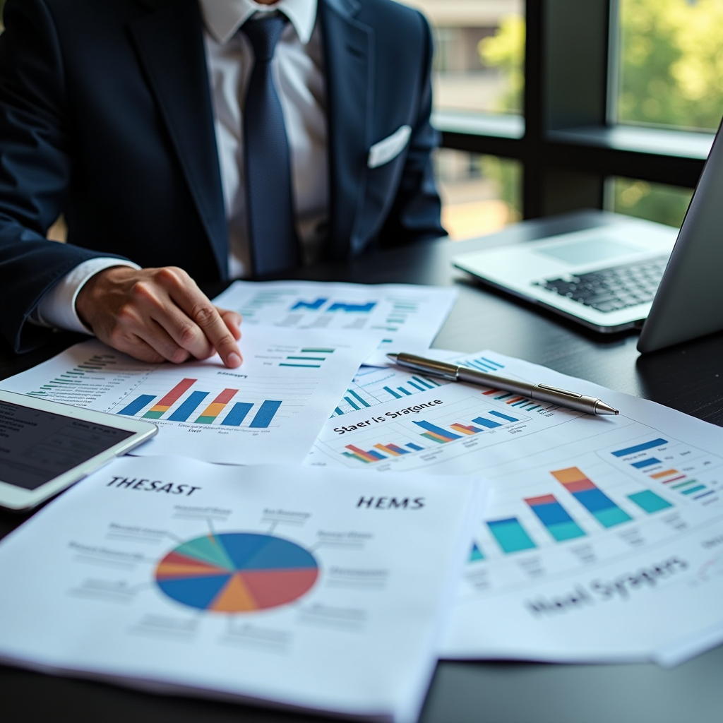 Business professional in formal attire reviewing comprehensive financial planning documents, charts, and strategic asset allocation graphs on a modern desk with laptop and tablet, representing long-term financial strategy development