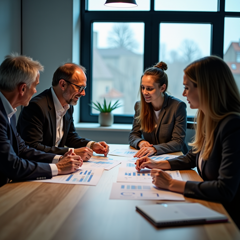 HR professionals and consultants collaborating around conference table reviewing employee benefits packages and compensation structure documents