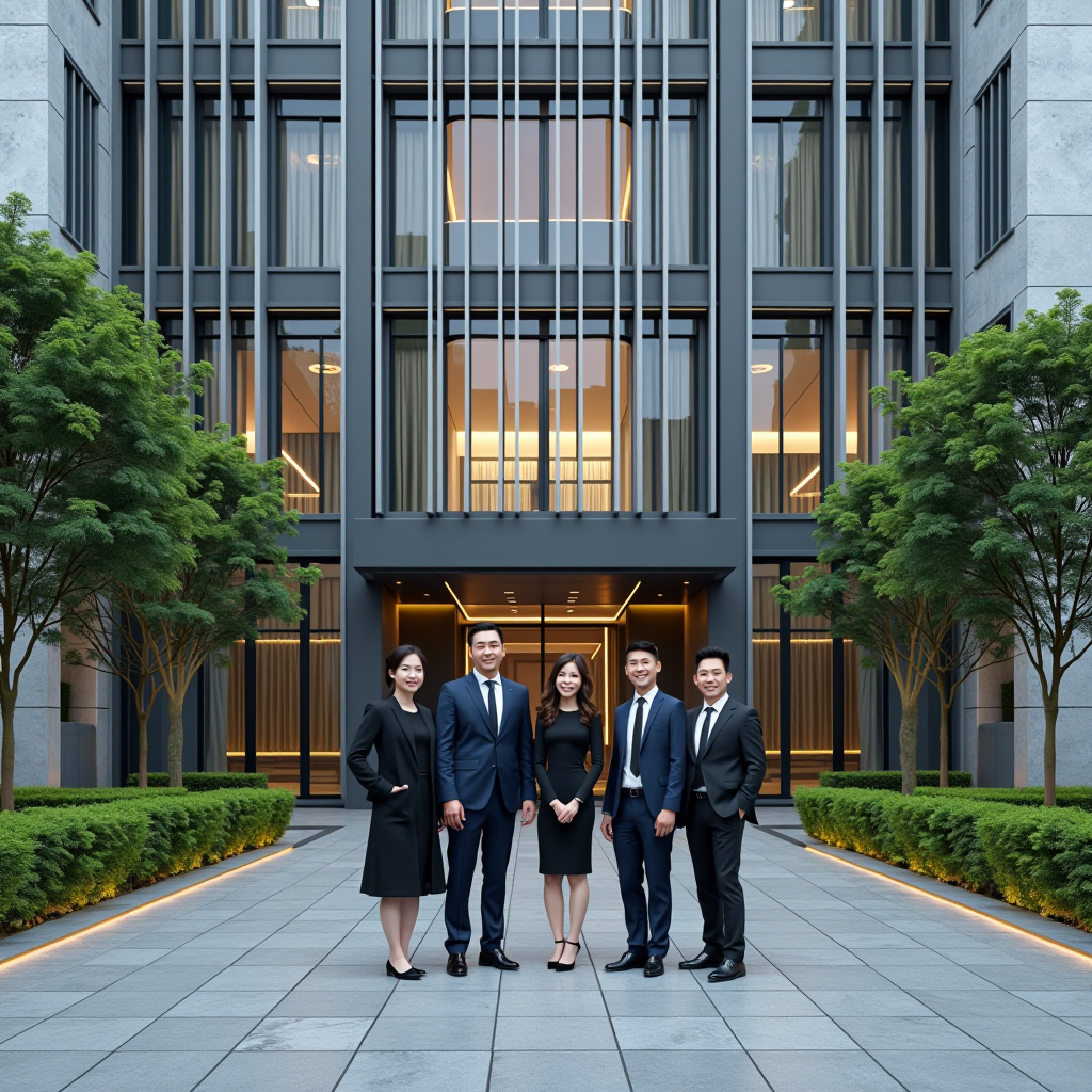 Modern corporate office building exterior at Soon Lee Street in Singapore with professional business team standing in front, representing five years of successful financial services and client partnerships in the industry
